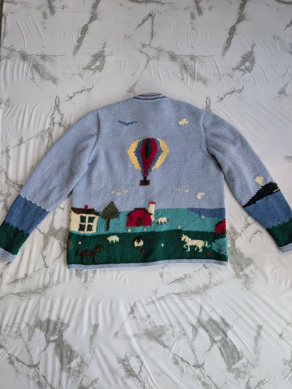 Rare Vintage Hand Knitted Graphic Hot Air Folk Sweater Cardigan Women's Large